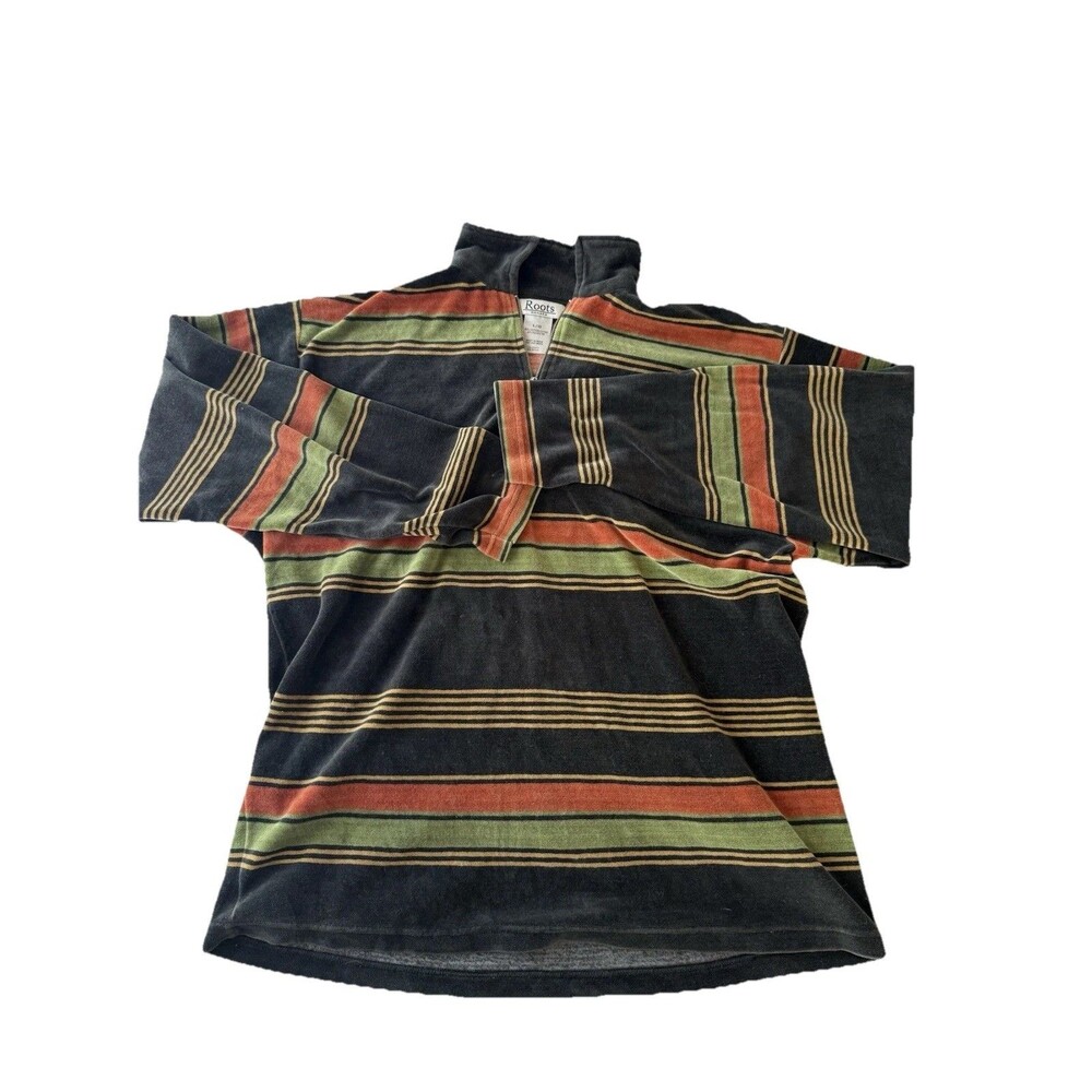 Roots Canada Striped Cotton Blend Velvet 1/4 Zip Sweater Men Size L Grunge Sk8r